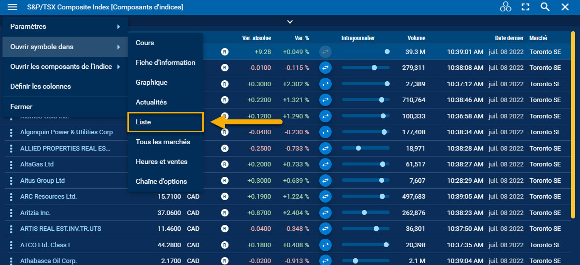 Menu rapide d’un titre dans un widget liste